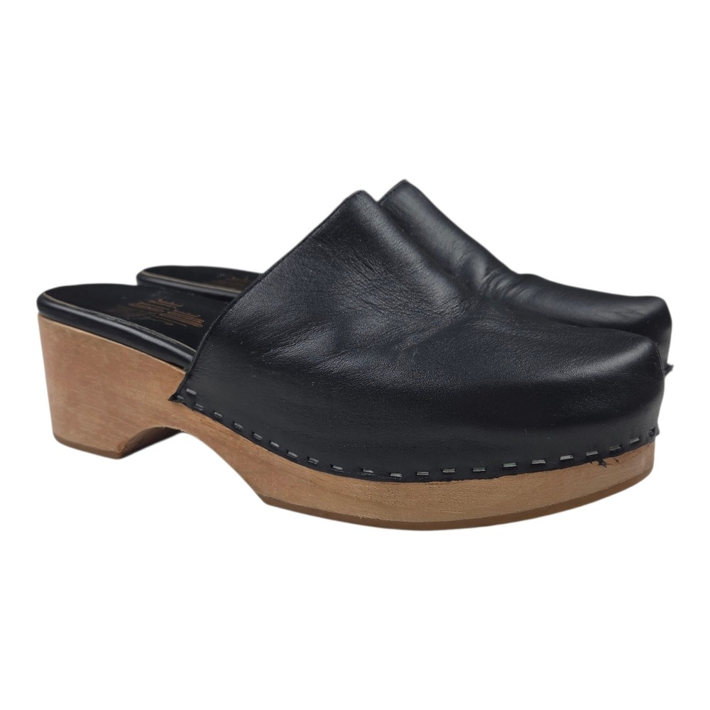 Charlotte Stone Napa Leather Clogs 8 Black Wood Platform Mules Boho Scandi